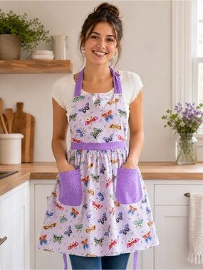 Danica Jubilee Butterfly Print Cotton Apron Purple Cottagecore Kitchen Garden